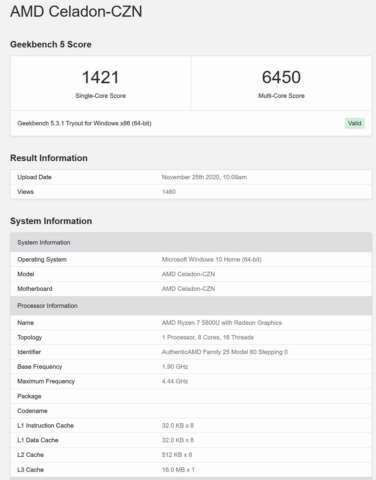 پردازنده‌ی AMD Ryzen 7 5800U با معماری جدید و اسم رمز "Cezanne" در بنچمارک Geekbench رؤیت شد